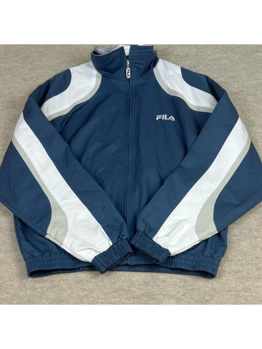 Vintage FILA Navy Blue and White Zip-Up Track Jacket Small
